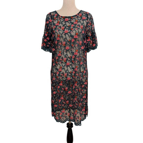 Moulinette Soeurs Womens Size S Green Pink Floral Embroidered Mesh Tunic Dress - Picture 2 of 11